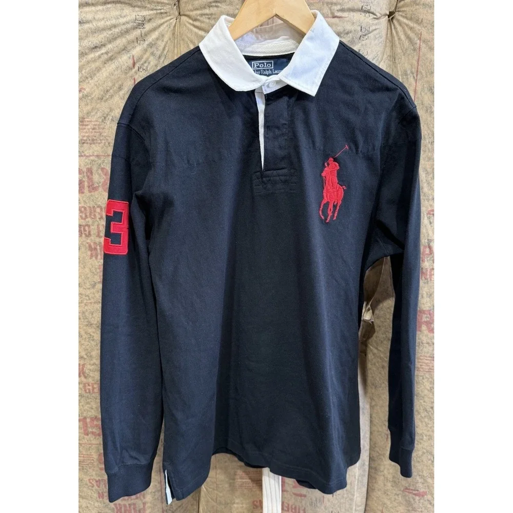 Polo Ralph Lauren Shirt Mens L Rugby Big Pony Long Sleeve Preppy #3 Black Red